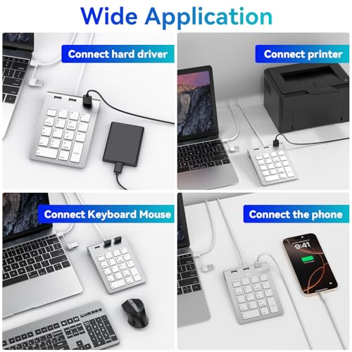 Wired Numeric Keypad USB-C & USB-A - 18 Keys Number Pad with 3 USB 2.0 Port, 15° Ergonomic Numeric Pad for Laptop/ Desktop/ Surface/ iPad, USB Number Keypad for Windows/macOS/Chrome OS, Plug & Play - color: White