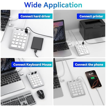 Wired Numeric Keypad USB-C & USB-A - 18 Keys Number Pad with 3 USB 2.0 Port, 15° Ergonomic Numeric Pad for Laptop/ Desktop/ Surface/ iPad, USB Number Keypad for Windows/macOS/Chrome OS, Plug & Play - color: White
