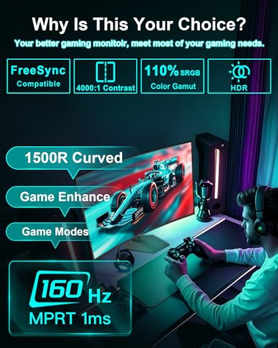 SANSUI 27 Inch Curved 160Hz Gaming Monitor 144Hz FHD 1080P Computer Monitor | 27” 1500R Curved PC Monitor, FPS/RTS, MPRT 1Ms, FreeSync, HDR, 4000:1, 110% sRGB, Low Blue Light, HDMI DP Ports for Gaming - size: 27.0001