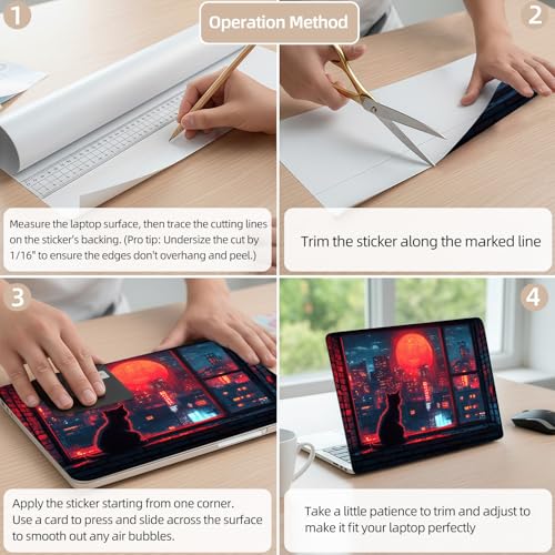 Aesthetic Laptop Skin Cover,12-15.6 Inch Universal Vinyl Sticker Decal,Waterproof Scratch-Resistant Notebook Wrap,Removable Residue-Free Protector,Red Moon City Cat - color: Red Moon City Cat