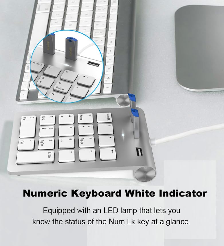 2-in-1 Number Pad & USB Hub with USB-C and USB-A Cables, 15° Ergonomic Wired Numpad with 3 USB 2.0 Ports, 18 Keys Numeric Keypad for Laptop/Desktop/Surface/iPad/Mac/No Adapter Needed USB Number Keypad
