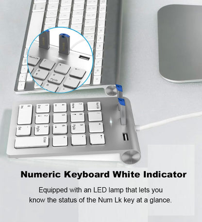2-in-1 Number Pad & USB Hub with USB-C and USB-A Cables, 15° Ergonomic Wired Numpad with 3 USB 2.0 Ports, 18 Keys Numeric Keypad for Laptop/Desktop/Surface/iPad/Mac/No Adapter Needed USB Number Keypad