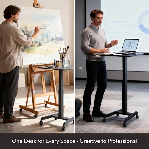 Mount-It! Rolling Laptop Desk Adjustable Height (29.6”-44.2”), Mobile Workstation Cart with 23.6” x 20.5” Desktop, Small Sit-Stand Desk for Home, Office, or Classroom in Black - color: Black