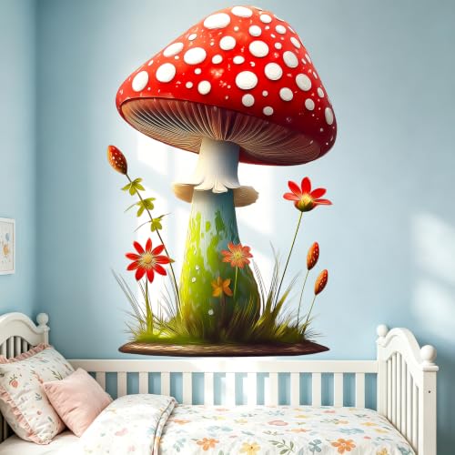 Red Mushroom Wall Decals Peel and Stick Self Adhesive Nursery Decor Art | Flowers Grass Wall Stickers for Kids Room Nursery Baby Bedroom Playroom, Whimsical Forest Wall Art for Toddler Boys Girls - style: Mushroom#2