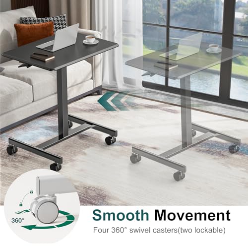 DUMOS Mobile Small Standing Desk, Portable Rolling Laptop Desk with 2 Lockable Wheels, Adjustable Height Computer Workstation for Home Office, 19 Inch Black - color: Black
