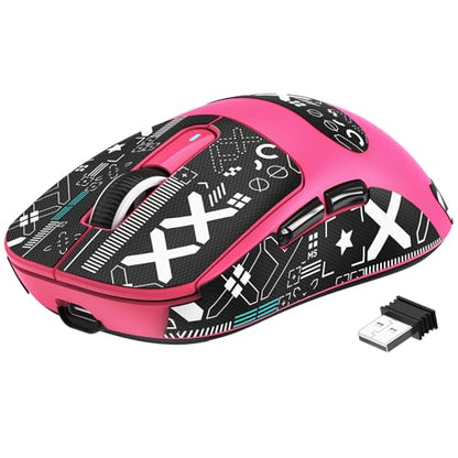 ATTACK SHARK X3 49g Lightweight Wireless Gaming Mouse, Berry&Tape | Triple Mode Ergonomic Computer Mouse, PAW3395 26K DPI Sensor,200h Battery Life, Programmable Buttons for PC/Mac/Win - color: Berry & Griptape