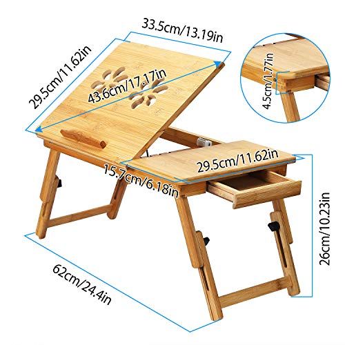 Bamboo Laptop Desk Breakfast Serving Bed Tray Foldable Leg Multi-Position Adjustable Tilt Surface Bed Lap Tray with Side Storage Drawer for Work Study Reading Eating Food