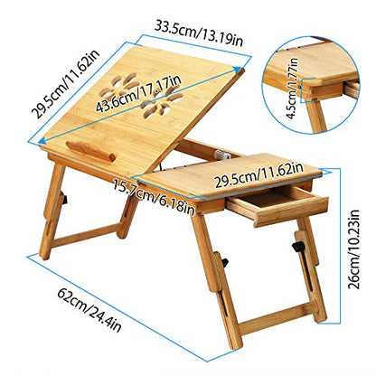 Bamboo Laptop Desk Breakfast Serving Bed Tray Foldable Leg Multi-Position Adjustable Tilt Surface Bed Lap Tray with Side Storage Drawer for Work Study Reading Eating Food