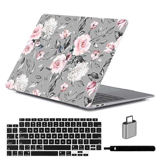 LanBaiLan Laptop Plastic Hard Shell Protective Case, Compatible for New MacBook Air 13 inch 2020 2019 2018 Release A2337 M1 A2179 A1932 Retina Display with Touch ID & Keyboard Cover, Grey Flowers - color: Grey flowers