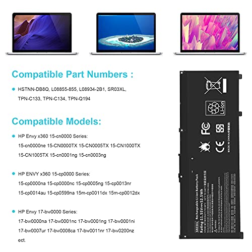 52Wh 11.55V SR03XL SR04XL TPN-Q194 Battery for Hp Pavilion 15-CX Envy X360 15-CN 15-CP 17-BW L08855-855 L08934-2C1 917678-2B1 L08934-1B1 L08934-2B1 HSTNN-IB8L HSTNN-DB8Q SR03052XL TPN-C133 TPN-C134 - size: 9.53*3.39*0.31inch