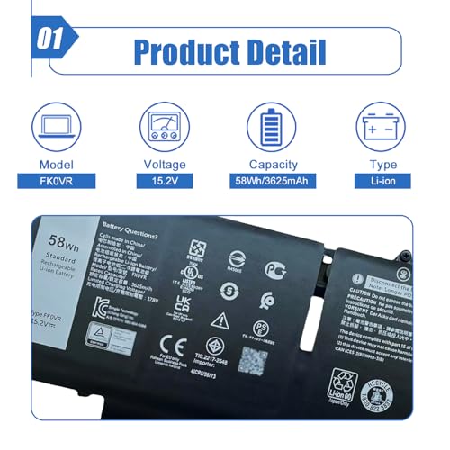 58Wh FK0VR Battery Compatible with Dell Latitude 5330 7330 7430 7530 Legion 5330 2-in-1/7330 2-in-1/7430 2-in-1 P133G P134G P135G P136G FKOVR 8H6WD 01VX5 404T8 51R71 8P81K 15.2V 3625mAh - size: 9.45*3.45*0.22 inch FK0VR