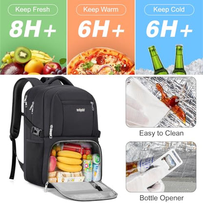 Insulated Lunch Backpack Fit 17" Laptop with Cooler Compartment | 2 In 1 Work Backpack with Lunch Box, Lunch Compartment, Water-Resistant, Lightweight, College Couputer Bag, Men & Women - color: Black