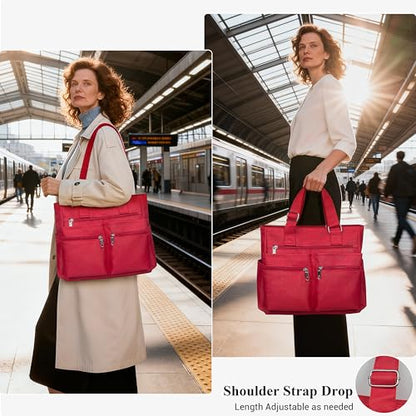 VOLGANIK ROCK Canvas Tote Bag Waterproof Nylon Multi Pocket Shoulder Bags Laptop Work Bag Teacher Purse Handbag for Women Men - color: Red