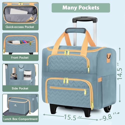 MATEIN Rolling Teacher Tote Bag, 15.6 Inch Rolling Briefcase for Women with Wheels & Detachable Cart, Roller Laptop Bag on Wheels with Insulated Lunch Box for College Business Office, Blue - color: Blue