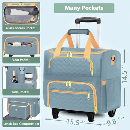 MATEIN Rolling Teacher Tote Bag, 15.6 Inch Rolling Briefcase for Women with Wheels & Detachable Cart, Roller Laptop Bag on Wheels with Insulated Lunch Box for College Business Office, Blue - color: Blue