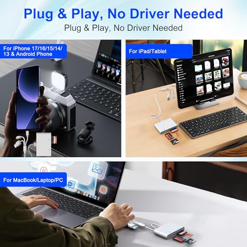 OTG Memory Stick Pro Duo Adapter, 4-in-1 USB C/Lightning/USB-A to SD/TF/XD/MS Card Reader for Sony Lexar Sandisk, Plug & Play Digital Camera Card Reader for iPhone 14/15/16/17/Android/Mac/PC/Pad