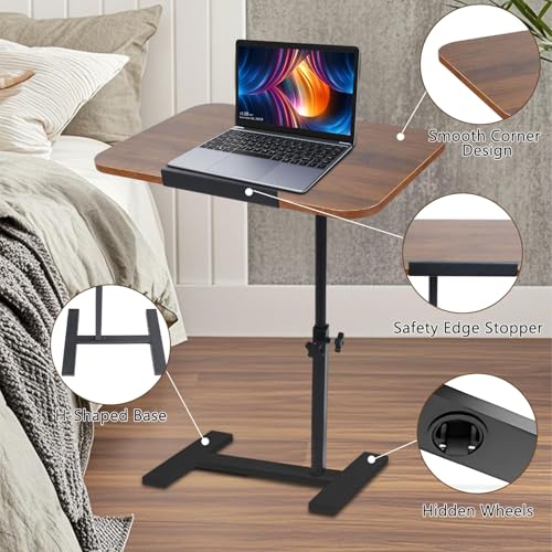 Adjustable Overbed Table, Overbed Bedside Table with Hidden Casters, 360° Swivel C Shaped Side Table, Mobile Laptop Computer Standing Desk for Home and Hospital Use (Walnut) - color: Walnut