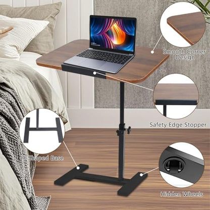 Adjustable Overbed Table, Overbed Bedside Table with Hidden Casters, 360° Swivel C Shaped Side Table, Mobile Laptop Computer Standing Desk for Home and Hospital Use (Walnut) - color: Walnut