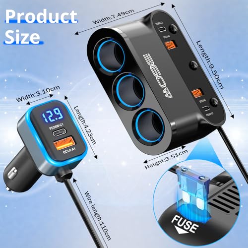 Cigarette Lighter Splitter Adapter 360W: Car 12v Splitter 3 Socket Car Charger Extension Triple USB C 36W and QC3.0 18W Ports 12 Volt Power Outlet DC with Button Switch LED Voltmeter 15A Fuse