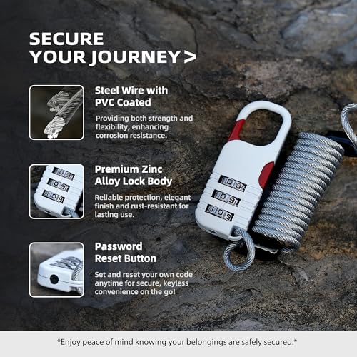 Ski Lock Cable Retractable, Small Cable Travel Locks with Combination, Mini Padlock Combination, for Luggage, Suitcases, Backpack, Snowboard, Ski Gear, Bike, Motorcycle Helmet Anti Theft - color: Black+White