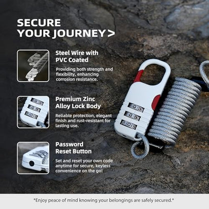 Ski Lock Cable Retractable, Small Cable Travel Locks with Combination, Mini Padlock Combination, for Luggage, Suitcases, Backpack, Snowboard, Ski Gear, Bike, Motorcycle Helmet Anti Theft - color: Black+White
