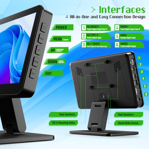 KOGODA 7-inch Mini Monitor with Touchscreen for Raspberry Pi, Portable Small Computer Monitor, 5-Points Capacitive Touch 1024 x 600 IPS LCD HDMI Display for Mac mini Gaming Console Home Assistant - size: 7-inch