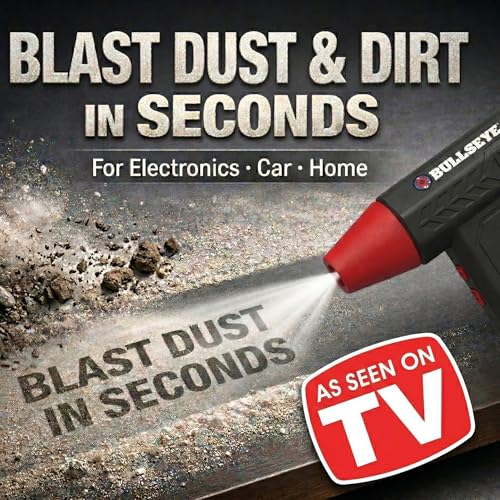 BULLSEYE Blaster 130000 RPM Electric Air Duster, Rechargeable Cordless Compressed Air Blower for Computer Cleaning, Keyboard, Electronics, Car Detailing, 3 Speed Turbo, 2 Nozzles – As Seen on TV