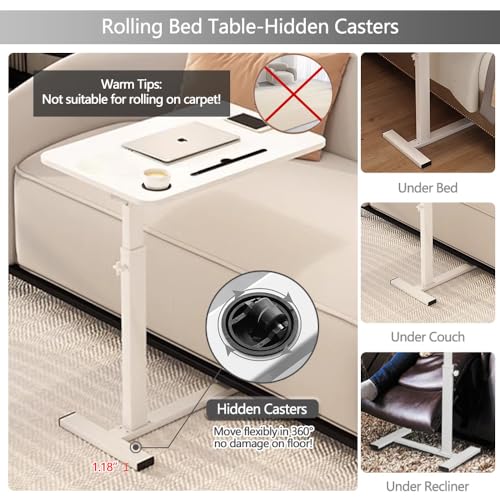 BeGyoku Overbed Table,Over The Bed Table with Hidden Wheels&Cup Holder,Adjustable Bedside Table and Rolling Table Tray&Laptop Cart,Hospital Table Over Bed for Home Use (White) - color: White