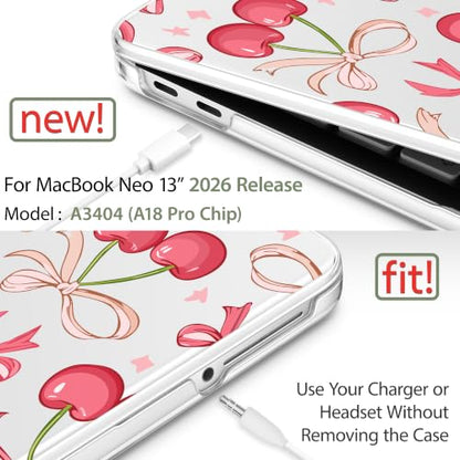 May Chen Compatible with MacBook Neo 13 inch Case 2026 Model A3404, Plastic Hard Shell,Keyboard Cover,Screen Protector,Dust Plug, for MacBook Neo 13" with A18 Pro Chip,Cherries & Bows - color: Cherries & bows