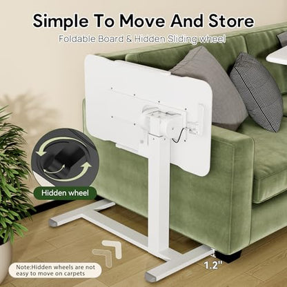 Foldable Mobile Standing Desk 180° Tilt Adjustable on Wheels | 32inch Pneumatic Portable Rising Desk with 4 Hidden or Lockable Casters, Rolling Overbed Bedside Table for Home Office, White - color: White