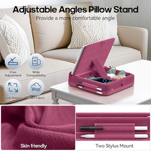 KDD Tablet Pillow Stand with Storage, Foldable iPad Holder for Lap, Desk and Bed, Angle Adjustable Soft Pad Dock with Stylus Mount Compatible with iPad Pro, Air, mini, Book, Phone and Tablet (4-13") - color: Dark Purple