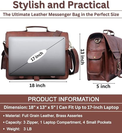 Genuine Leather Messenger Bag for Men & Women, Handmade Vintage Laptop Shoulder Bags with Adjustable Strap, Crossbody Briefcase for Office, College and Travel - 18 Inch, Brown