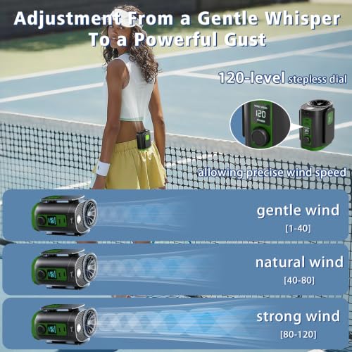 Portable Fan,120-Speed Adjustable Waist Clip Fan Turbo Cooling, Rechargeable Clip-On Personal Fan with LED flashlight,for Outdoor,Travel,Camping - color: Green