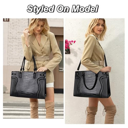 MOSISO Laptop Tote Bag for Women, 15.6 inch PU Leather Laptop Bag | Waterproof Crocodile Grain Shoulder Bag with Clutch Purse, Large Capacity Teacher Work Handbag for Business Office, Black