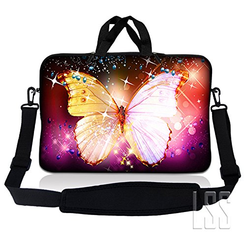 LSS 15 15.6 inches Laptop Sleeve Bag with Matching Laptop Skin Sticker Combo | Carrying Case w/Handle & Adjustable Shoulder Strap for 14" 15" 15.6" - Sparkling Butterfly - color: Sparkling Butterfly, size: 15 inch