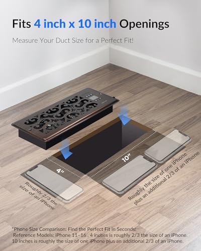 Howeall 4" x 10" Super Quiet Register Booster Fan - Upgrade Smart Register Vent with Ionizer and Dual Intelligent Thermostat Control - Heating Cooling Vent Fan Booster - Charleston Design (ORB) - color: Antique Bronze, size: 4" x 10"