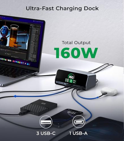 RayCue USB C Docking Station, 13-Port Dual 4K Display Laptop Docking Station with 160w Max USB-C Output, 2.26''LCD Smart Display, 10Gbps USB A/C Ports,Ethernet Ports for macOS and Windows