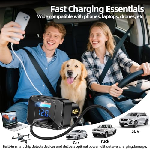 Fast Car Charger for iPhone 17 Sumsung Fast Charging Cigarette Lighter Adapter Accessories, Multi Device Family Travel Road Trip Essentials, 170W USB C 12V-24V 140W PD3.1, LED Display