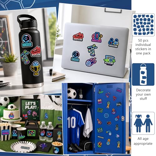 DETICKERS Neon Soccer Stickers for Soccer Fans Boys Water Bottles 50 PCS Waterproof Vinyl Sports Stickers Team Gifts - style: Neon Football
