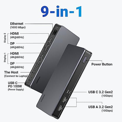 UGREEN USB C DisplayLink Docking Station, Dual 4K@60Hz, Driver Required | 9-in-1 Dual Monitor Dock for MacBook and Windows with 2xHDMI, 2xDP, 10Gbps USB-C and USB-A, 100W PD, Gigabit Ethernet