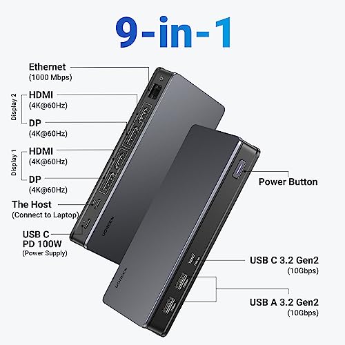 UGREEN USB C DisplayLink Docking Station, Dual 4K@60Hz, Driver Required | 9-in-1 Dual Monitor Dock for MacBook and Windows with 2xHDMI, 2xDP, 10Gbps USB-C and USB-A, 100W PD, Gigabit Ethernet