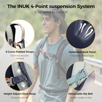 INUK Travel Laptop Backpack, 25L Recycled Waterproof Light Daypack | Dual laptop pockets, soft light foam straps, recycled wear-resistant fabric, water repellent coating, Sage Leaf - color: Sage Leaf