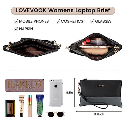 LOVEVOOK Laptop Tote for Women - 15.6 Inch Professional Leather Computer Briefcase - Waterproof Shoulder Bag - Large Capacity Business Teacher Office Bag - Crossbody Purse - color: 1# Black/Iron Gray, size: 15.6 Inch