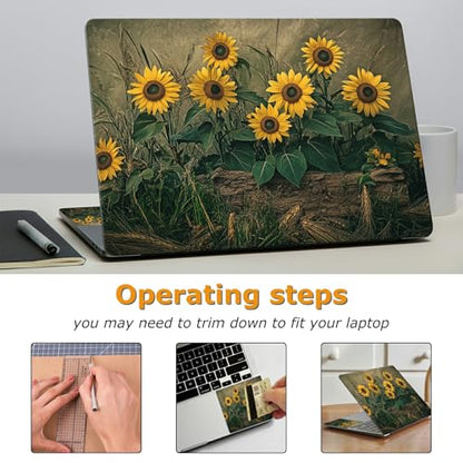 Universal Laptop Skin Sticker with 2 Wrist Pad Decals, 3-Piece Removable Vinyl Laptop Cover, Retro Art Sunflowers Waterproof Anti-Scratch, Easy-Trim Fit for 13.3" 14" 15.6" Laptops - color: Retro Art Sunflowers