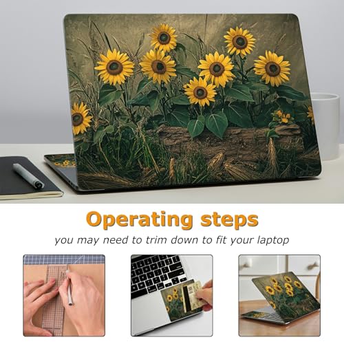Universal Laptop Skin Sticker with 2 Wrist Pad Decals, 3-Piece Removable Vinyl Laptop Cover, Retro Art Sunflowers Waterproof Anti-Scratch, Easy-Trim Fit for 13.3" 14" 15.6" Laptops - color: Retro Art Sunflowers