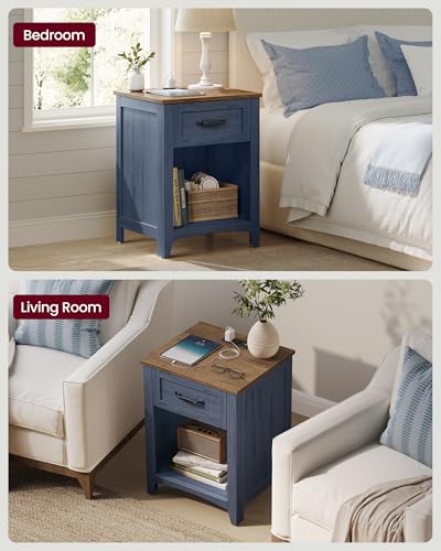 VASAGLE LIRY Collection - Farmhouse Nightstand with Charging Station, Bedside Table, Side Table with Drawer, Open Compartment, for Bedroom, Rustic Blue and Honey Brown ULET659Q101S - color: Rustic Blue and Honey Brown, size: 1 PACK, style: 17.7"W x 23.6"H