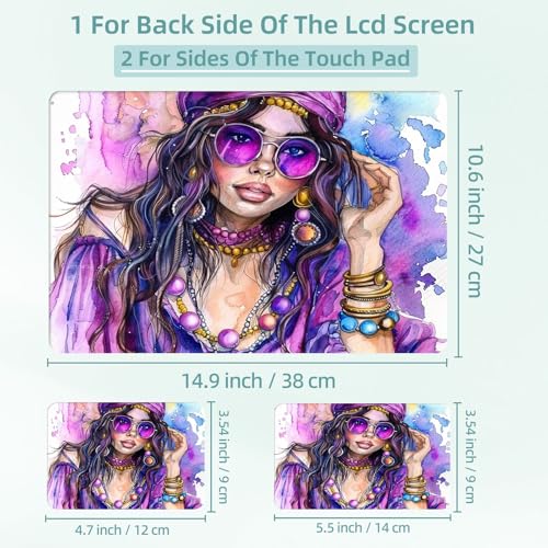Universal Laptop Skin Decal, 3-Piece Vinyl Protector for 12 13 14 15.6" Notebook, Waterproof Anti-Scratch, Easy Trim & Bubble-Free Finish, Elegant Young Hippie Woman in Purpl - color: Elegant Young Hippie Woman in Purpl