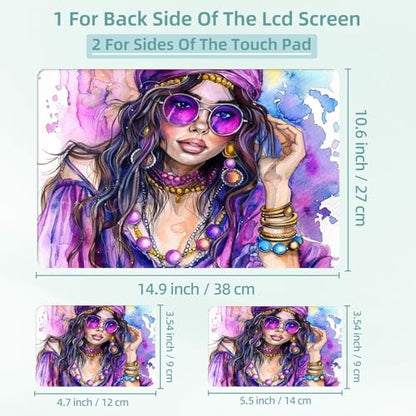 Universal Laptop Skin Decal, 3-Piece Vinyl Protector for 12 13 14 15.6" Notebook, Waterproof Anti-Scratch, Easy Trim & Bubble-Free Finish, Elegant Young Hippie Woman in Purpl - color: Elegant Young Hippie Woman in Purpl