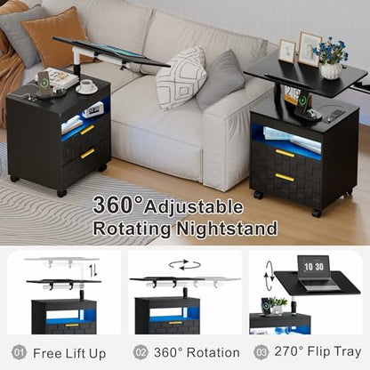Lareth Rolling Nightstand with Wheels, LED Lights, Charging Station | Height Adjustable, Bedside Table 2 Drawers, Smart Wooden End Table Dorm Side Table Laptop Workstaion, Bedroom, Black - color: A Black