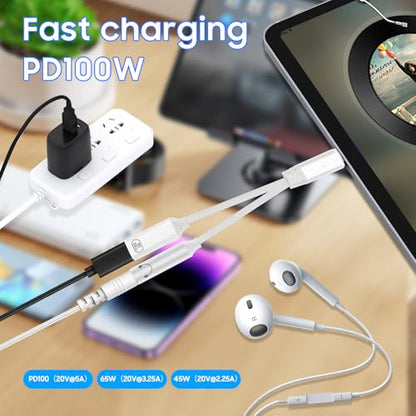 One-to-Two USB-C to 3.5mm Headphone/USB-C Charger Adapter with PD100W Fast Charging Cable, Compatible with iPhone 16/15 Pro Max, iPad, MacBook, Samsung Galaxy S25, S24, S23, Pixel Ultra, etc. (White) - color: white